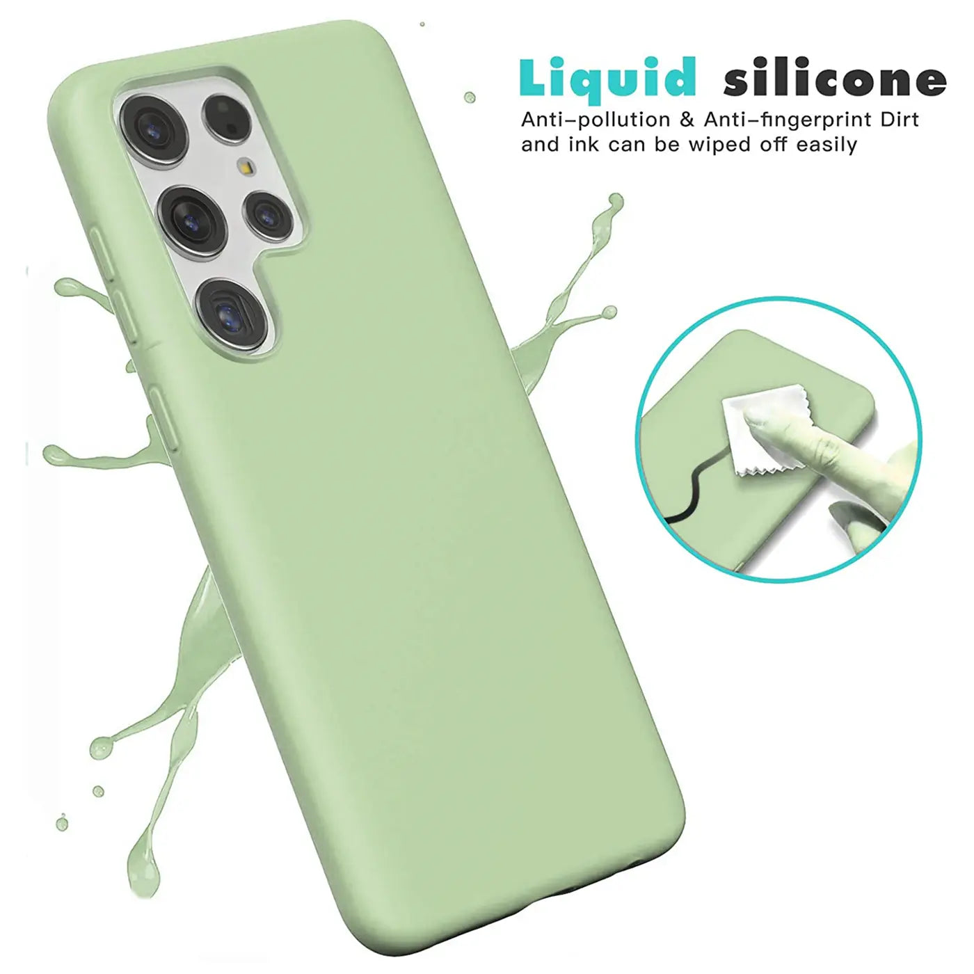 Helle grüne Silikonhülle für Samsung Galaxy S22 Ultra, Rückansicht, Nahaufnahme.