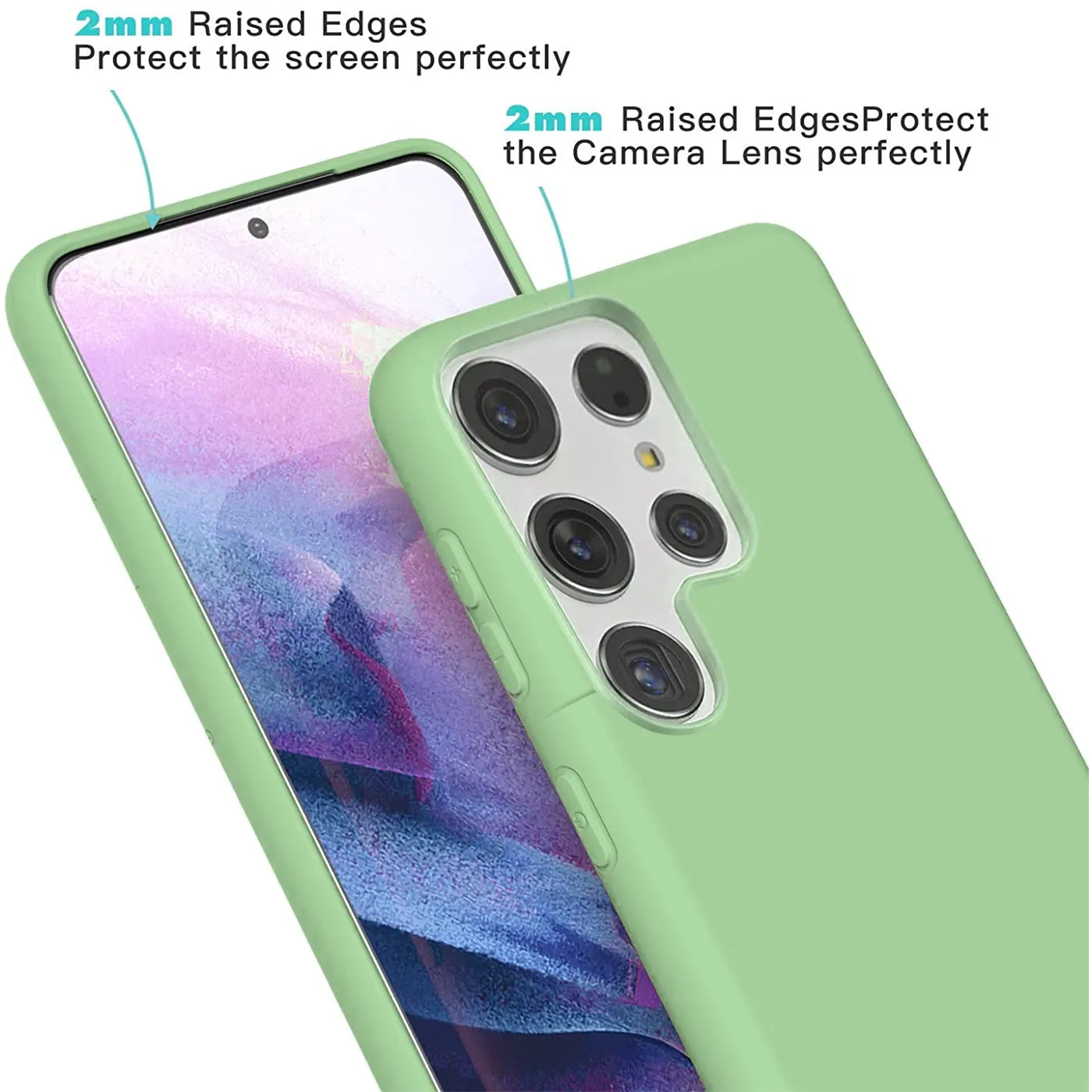 Grüne Silikonhülle auf Samsung Galaxy S22 Ultra, Seitenansicht.