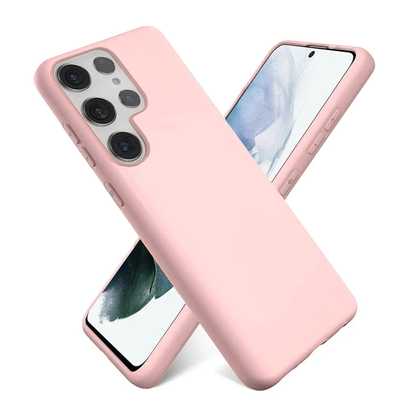 Rosa Silikonhülle für Samsung S22 Ultra, Mikrofaser-Innenfutter, von schräg oben fotografiert.