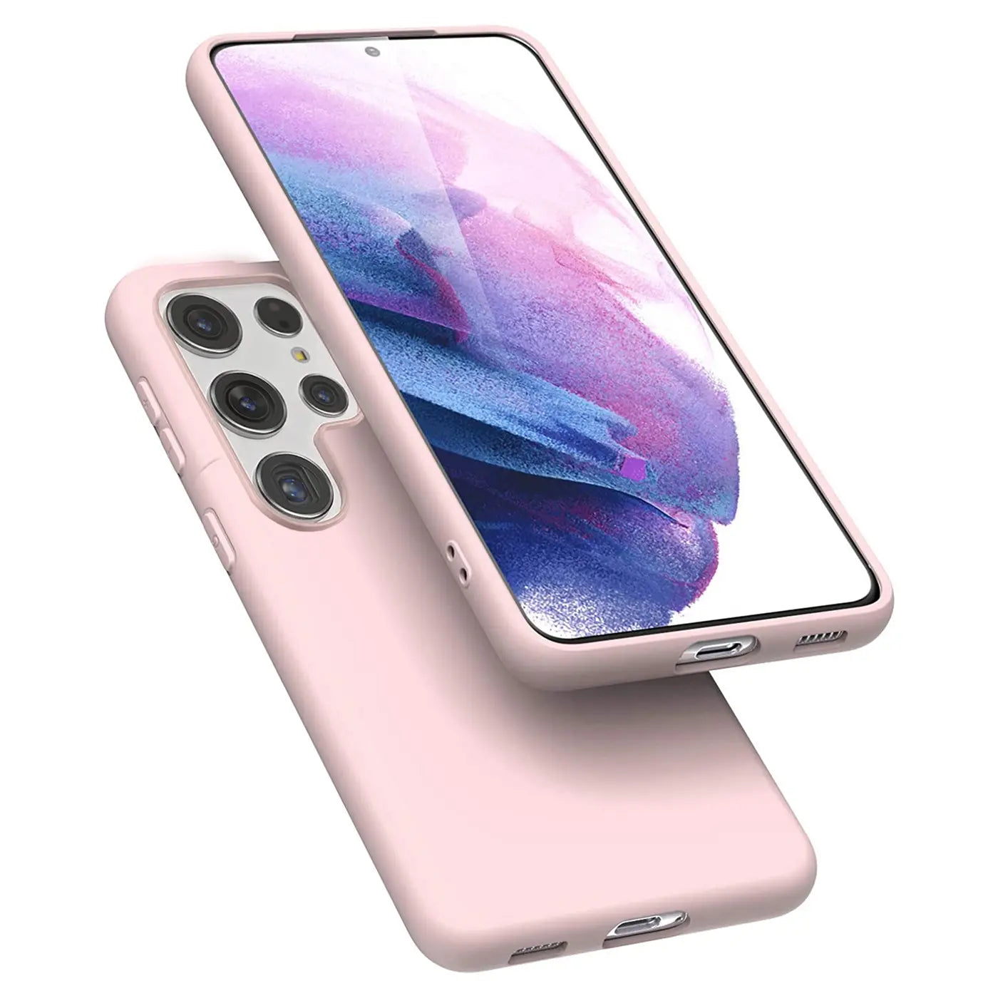 Rosa Silikonhülle für Samsung Galaxy S22 Ultra, von schräg oben, mit Mikrofaser-Innenfutter.