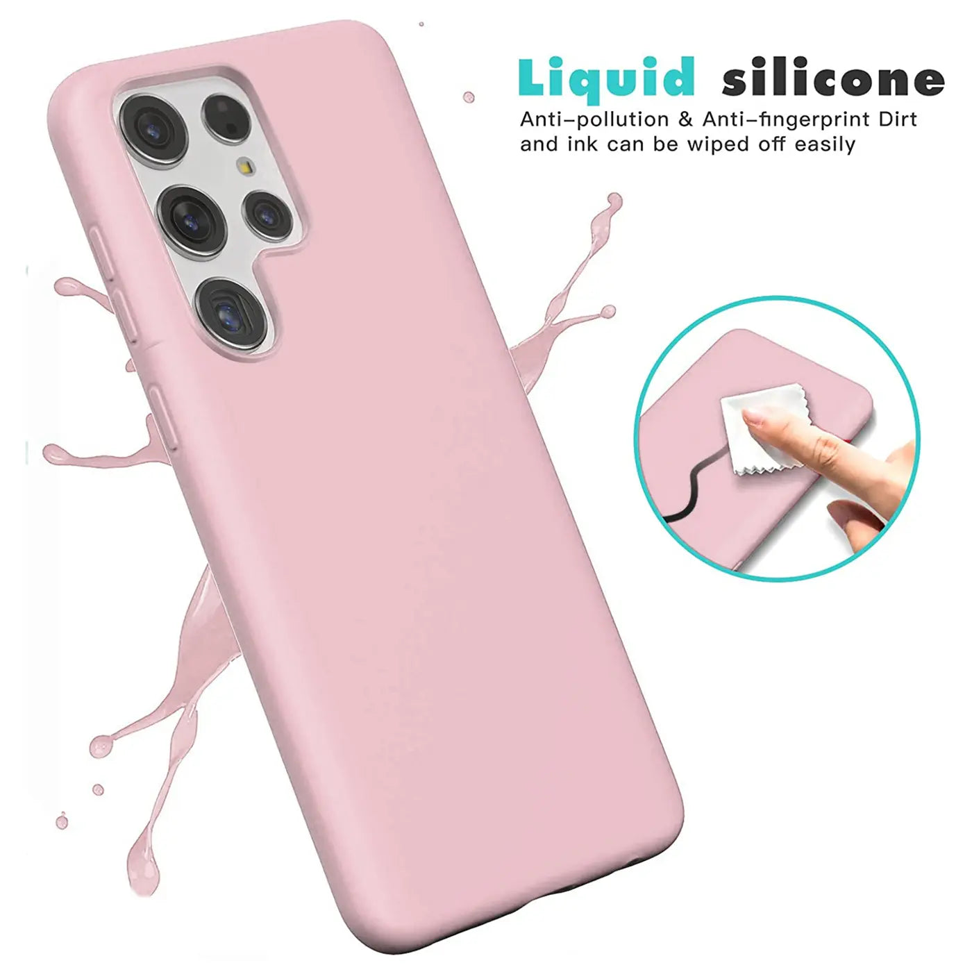 Rosa Silikonhülle für Samsung Galaxy S22 Ultra, von schräg vorne, mit Wassertropfen.