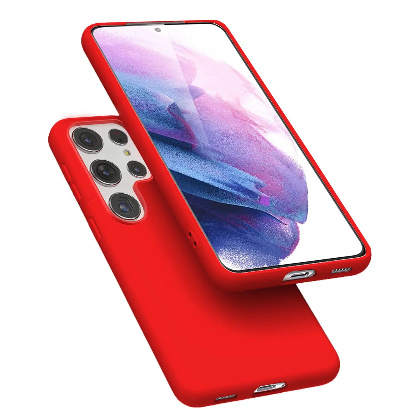 Rote Silikonhülle für Samsung Galaxy S22 Ultra, von schräg oben, Rückseite und Vorderseite sichtbar.