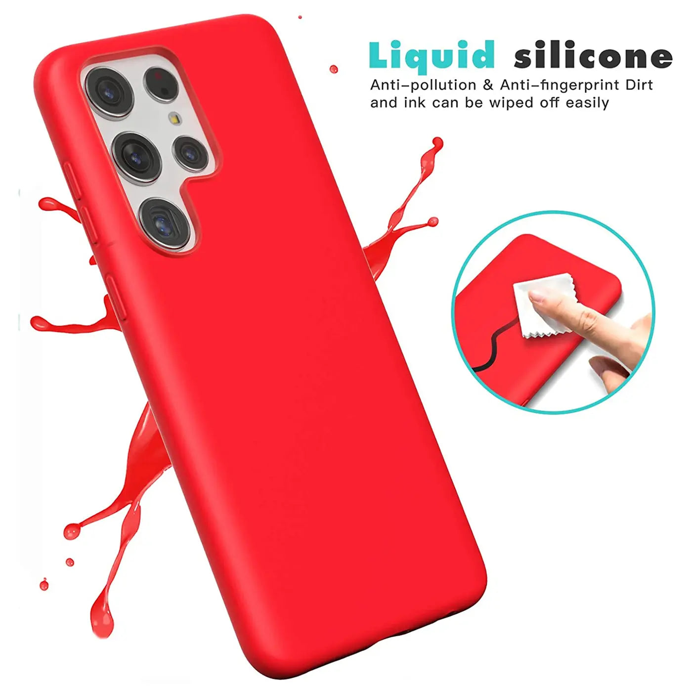 Rote Silikonhülle für Samsung Galaxy S22 Ultra, von schräg oben, mit Spritzern.