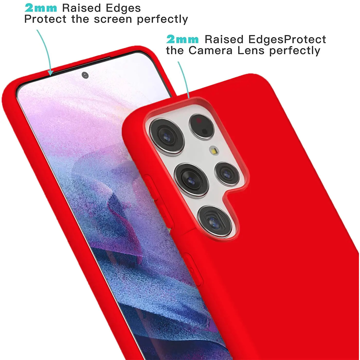Rote Silikonhülle auf Samsung S22 Ultra, Nahaufnahme, Rückseite und Seite.