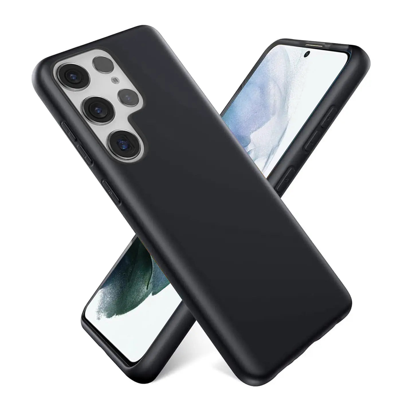 Schwarze Silikonhülle für Samsung Galaxy S22 Ultra, Mikrofaser innen, von vorne schräg