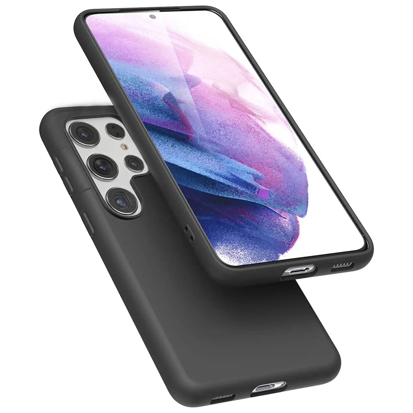 Schwarze Silikonhülle mit Mikrofaserfutter für Samsung Galaxy S22 Ultra, von schräg oben gesehen.