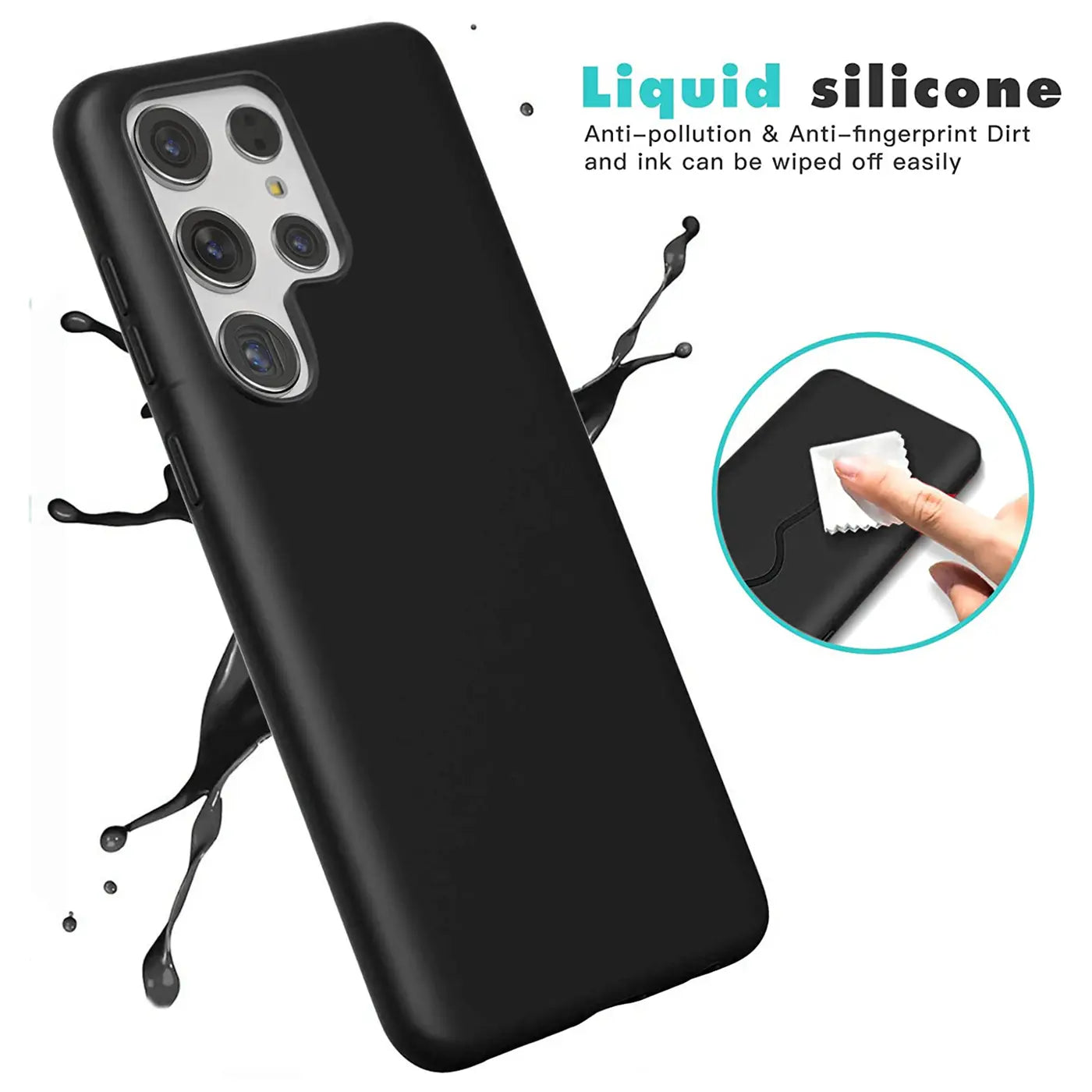 Schwarze Silikonhülle für Samsung Galaxy S22 Ultra, von vorne links, mit Spritzern.