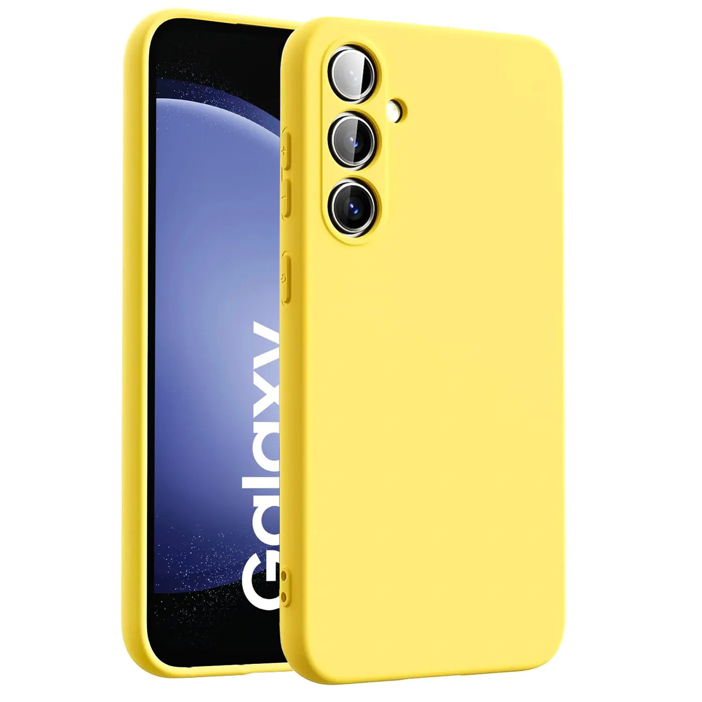 Gelbe Silikonhülle für Samsung Galaxy S23 FE, von vorne, mit Blick auf die Kamera.