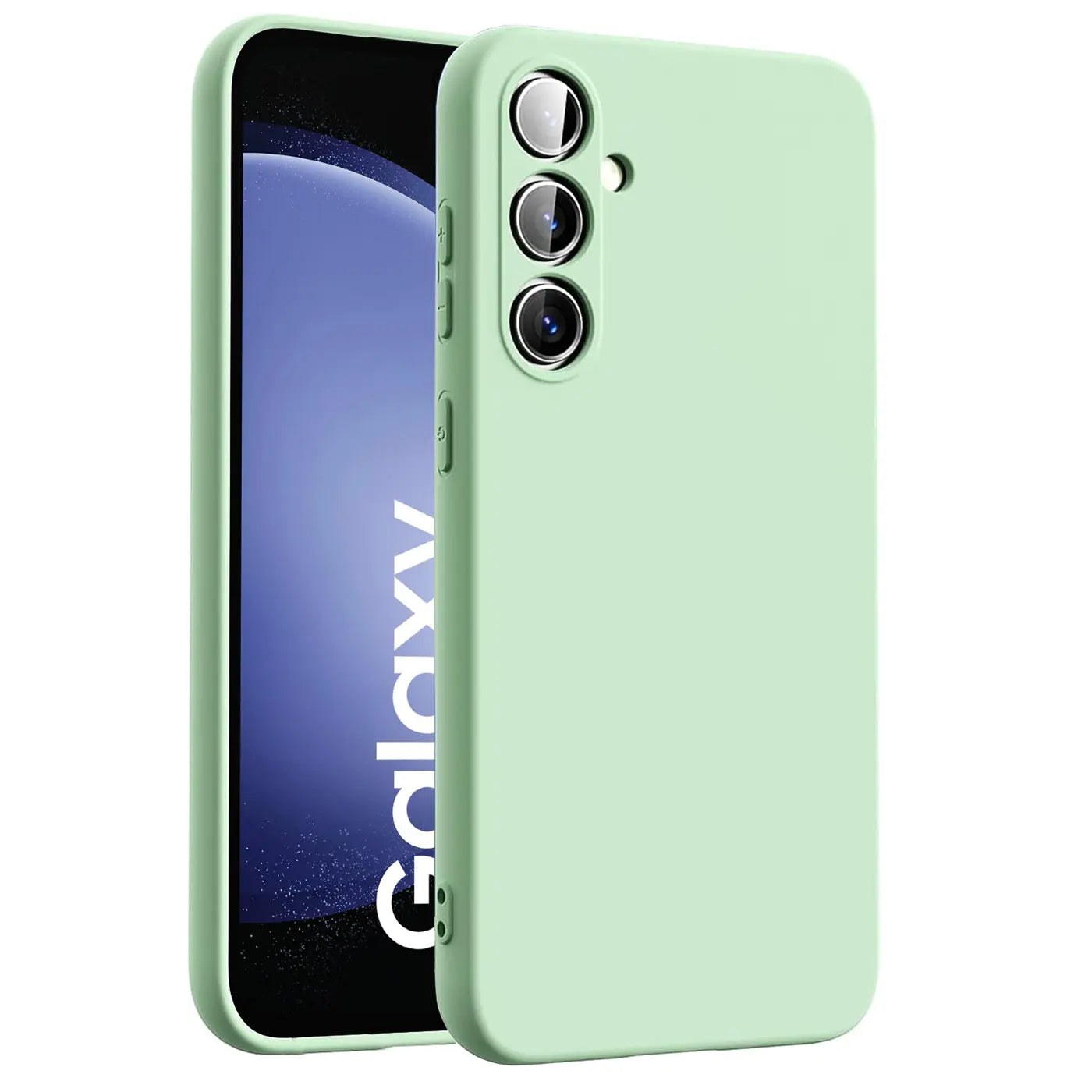 Hellgrüne Silikonhülle auf Samsung Galaxy S23 FE, von schräg vorne.