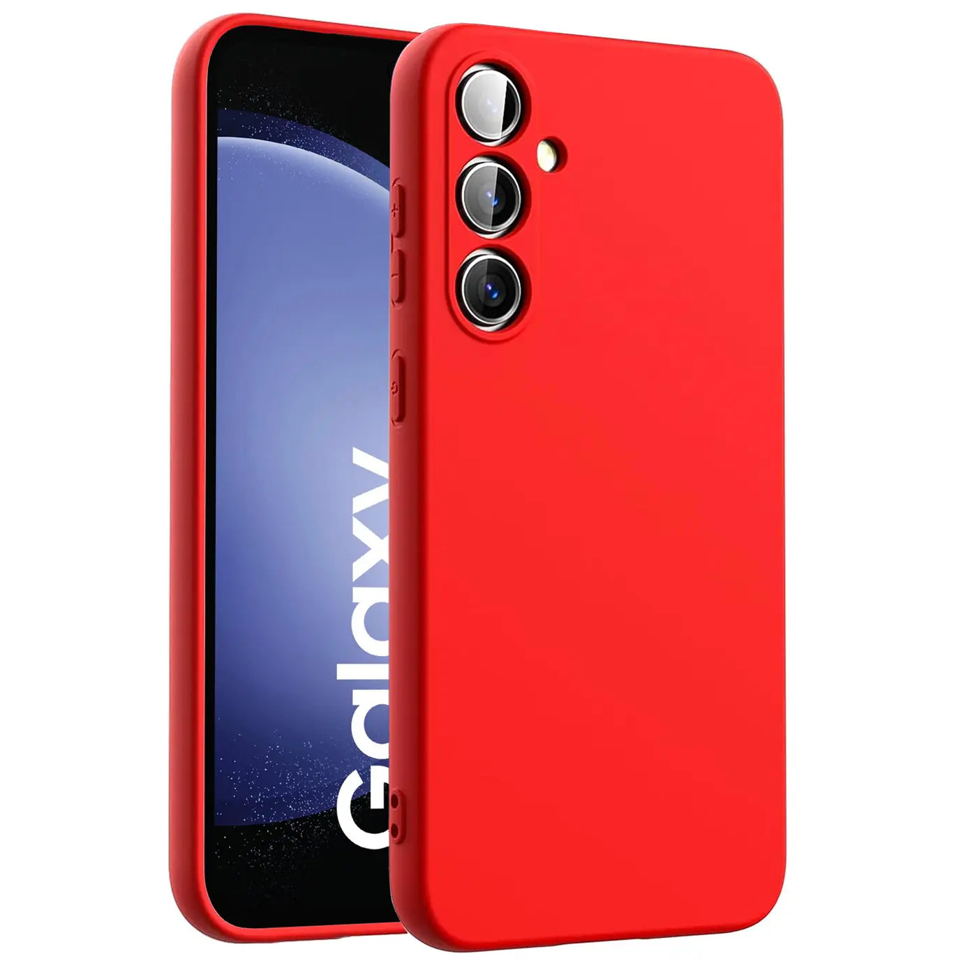 Rote Silikonhülle für Samsung Galaxy S23 FE, von vorne/leicht schräg gesehen.