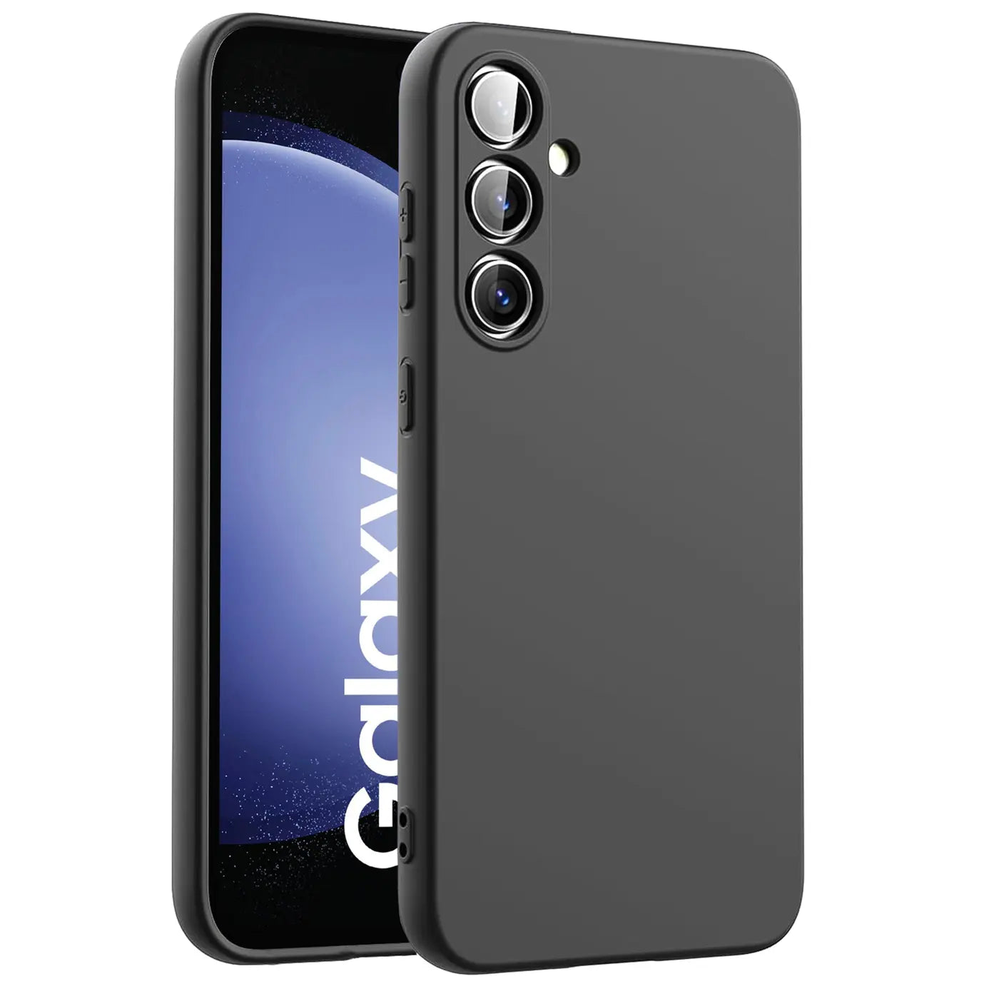 Schwarze Silikonhülle für Samsung Galaxy S23 FE, von vorne links, Mikrofaser-Innenfutter.