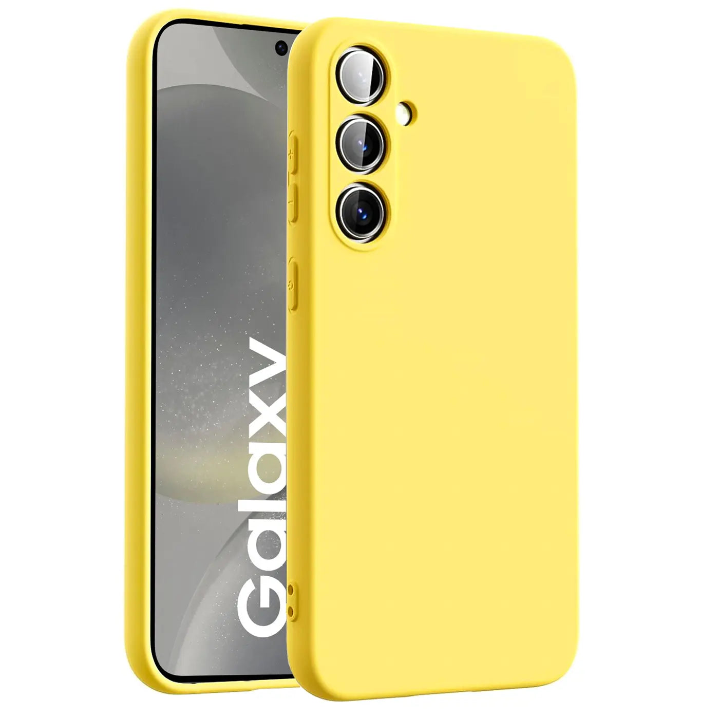 Gelbe Silikonhülle für Samsung Galaxy S24, von vorne rechts, mit Mikrofaser-Innenfutter.