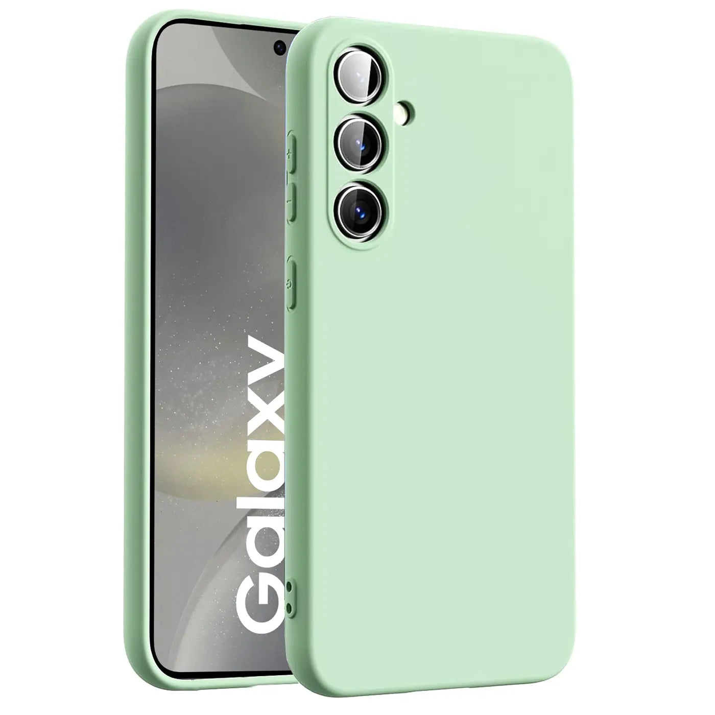 Hellgrüne Silikonhülle mit Mikrofaser-Innenfutter, seitliche Ansicht, Samsung Galaxy S24.