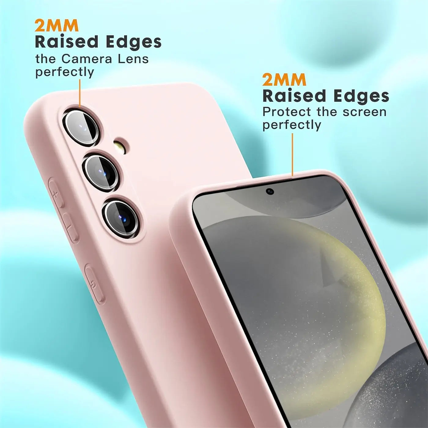 Rosa Silikonhülle für Samsung Galaxy S24 Plus, Nahaufnahme, Vorder- und Rückseite