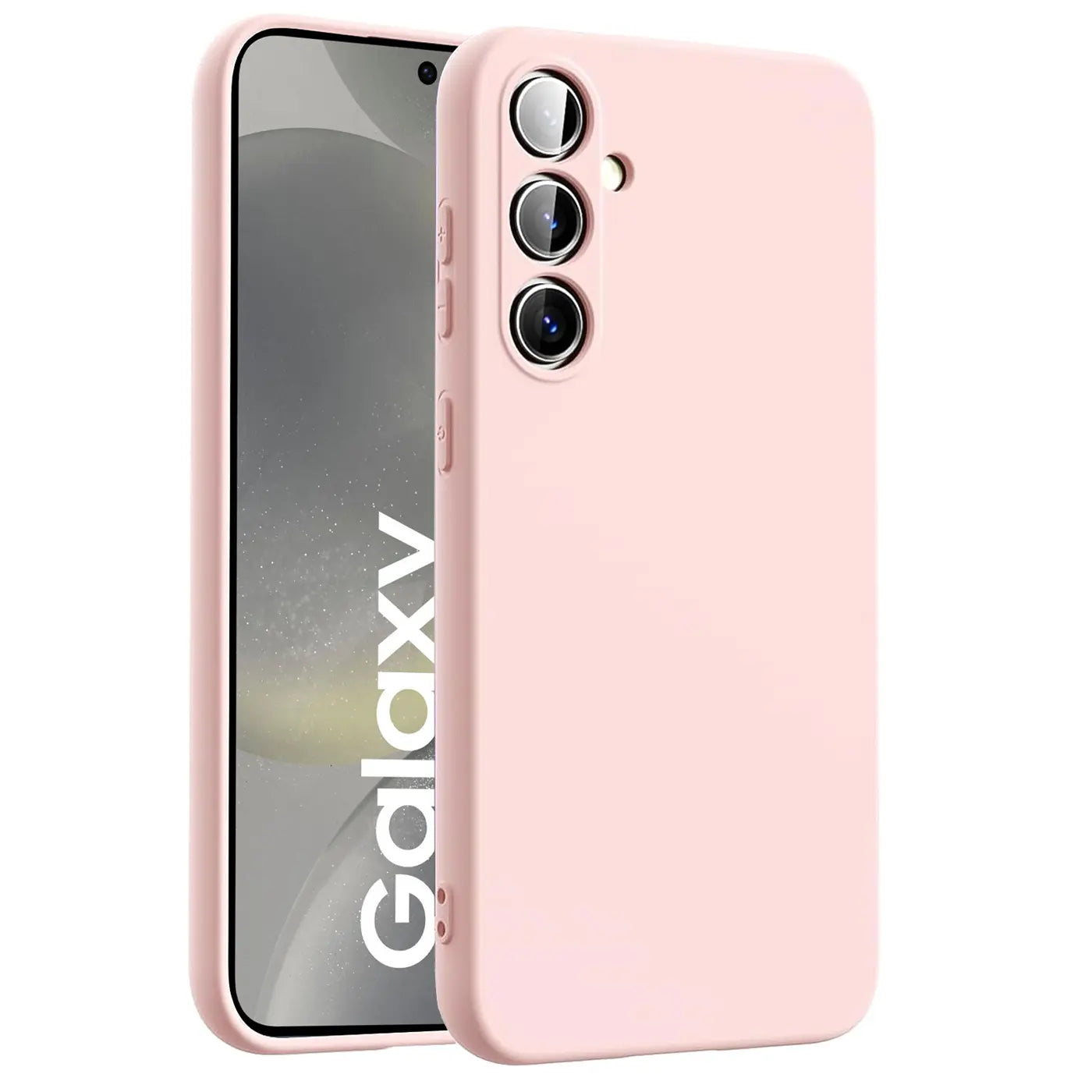 Rosa Silikonhülle mit Mikrofaser-Innenfutter für Samsung Galaxy S24, von vorne links gesehen.