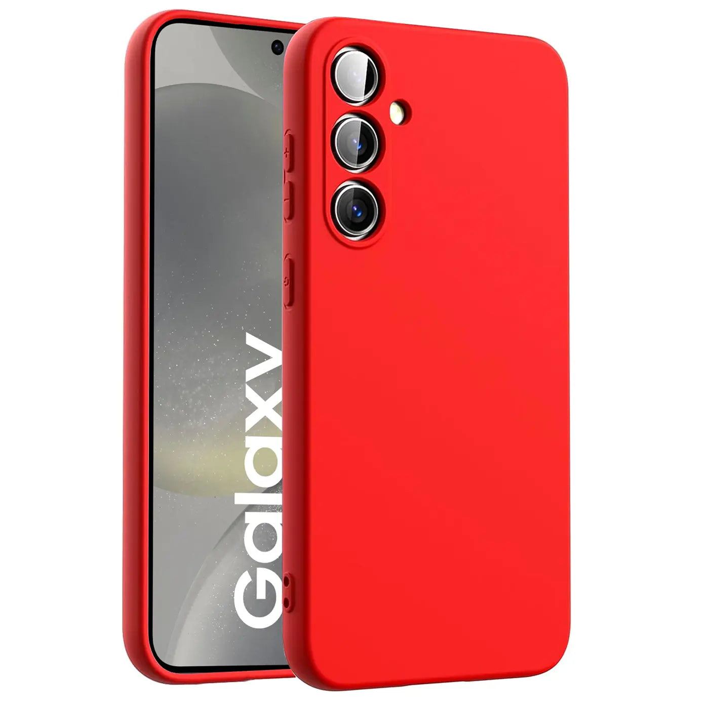 Rote Silikonhülle für Samsung Galaxy S24, von vorne links, mit Mikrofaser-Innenfutter.