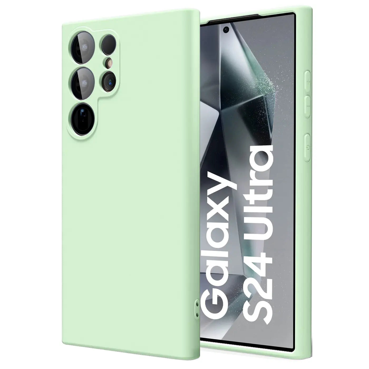 Hellegrüne Silikonhülle für Samsung Galaxy S24 Ultra, von vorne links, mit Mikrofaser-Innenfutter.