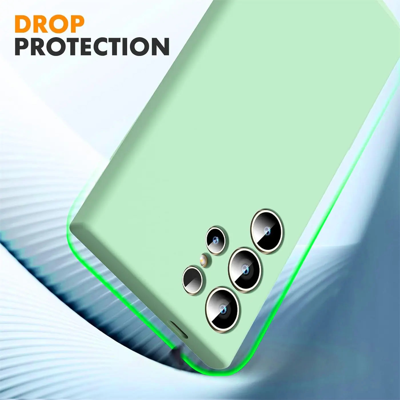 Hellgrüne Silikonhülle für Samsung S24 Ultra, Rückansicht, Nahaufnahme der Kamera.