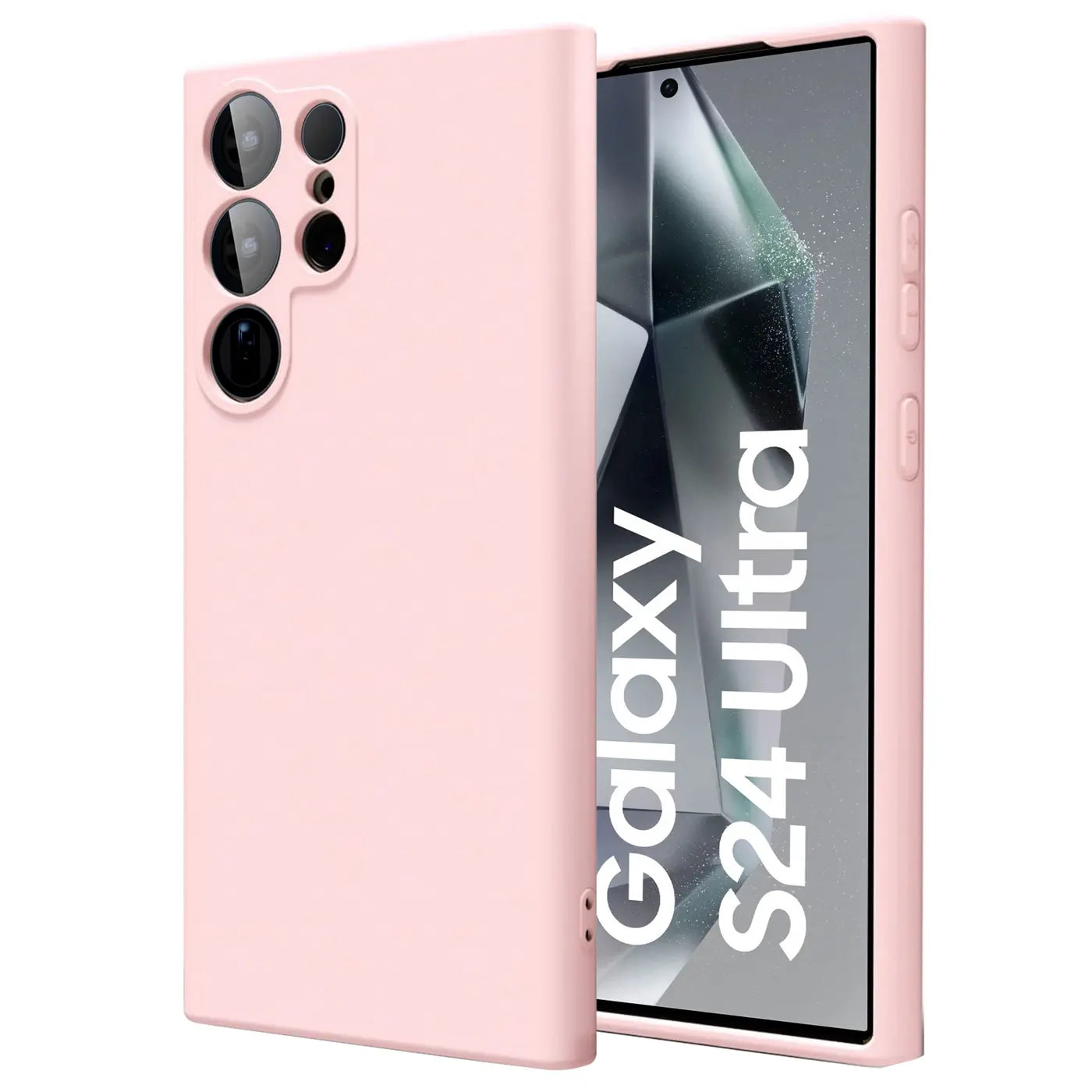 Rosa Silikonhülle für Samsung Galaxy S24 Ultra, von vorne links gesehen.