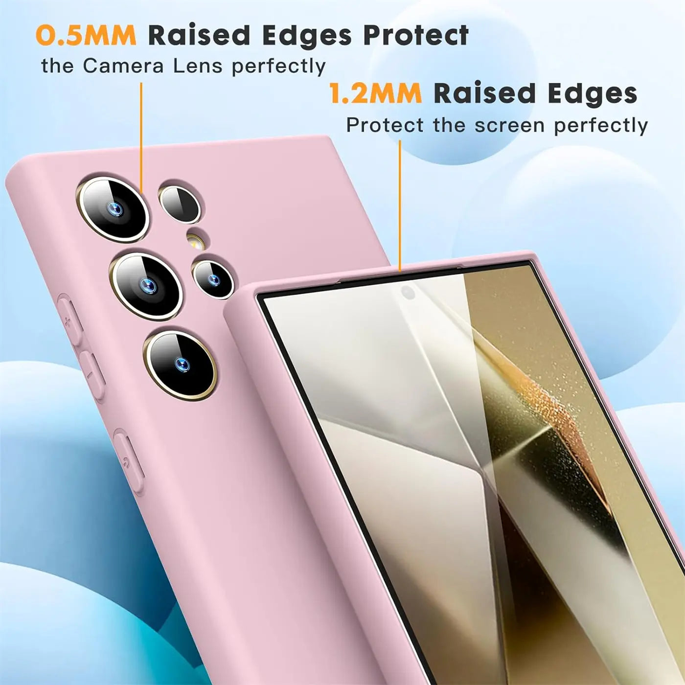 Rosa Silikonhülle für Samsung Galaxy S24 Ultra, von schräg oben, mit Fokus auf Kamera und Bildschirm.