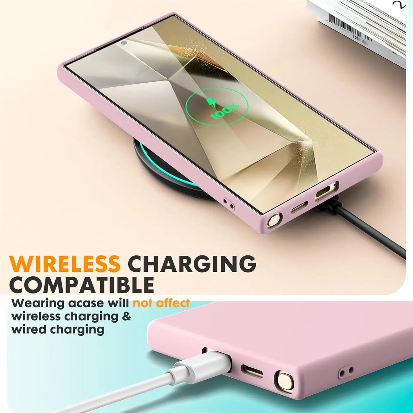 Rosa Silikonhülle für Samsung Galaxy S24 Ultra, von oben, mit Ladekabel und kabelloser Ladestation.
