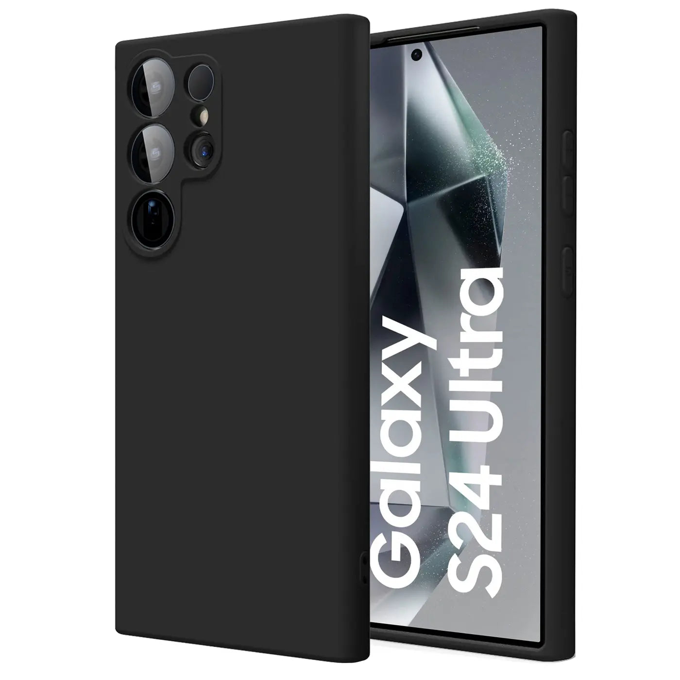 Schwarze Silikonhülle für Samsung Galaxy S24 Ultra, von vorne links, mit Mikrofaser-Innenfutter.