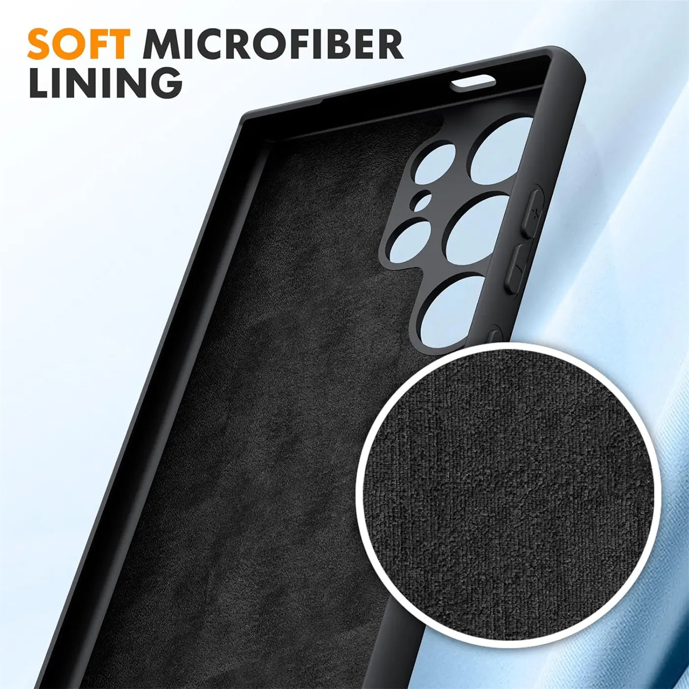 Schwarze Silikonhülle mit Mikrofaserfutter, Innenansicht, Ausschnitt für Kamera des S24 Ultra