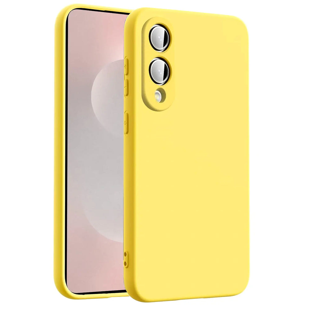Gelbe Silikonhülle mit Mikrofaser-Innenfutter, Nahaufnahme, Samsung Galaxy S25 Edge.