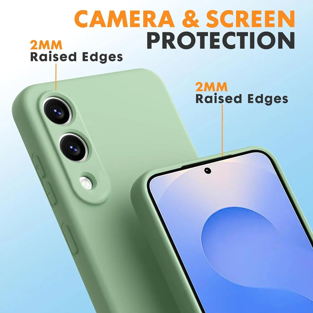 Grüne Silikonhülle für Samsung Galaxy S25 Edge, Nahaufnahme, Rückseite und Vorderseite.