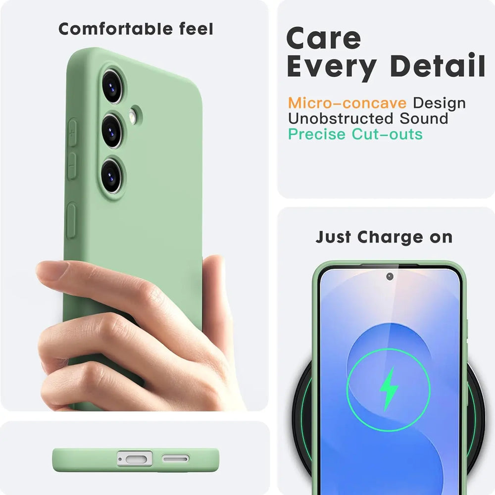 Grüne Silikonhülle für Samsung S25 Edge, von Hand gehalten, von unten und beim Laden