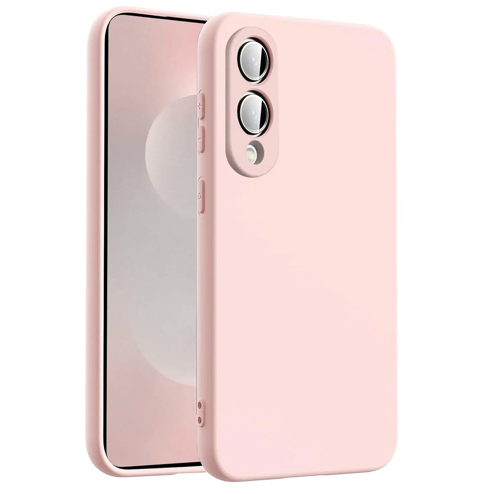 Rosa Silikonhülle mit Mikrofaser-Innenfutter für Samsung Galaxy S25 Edge, Seitenansicht.