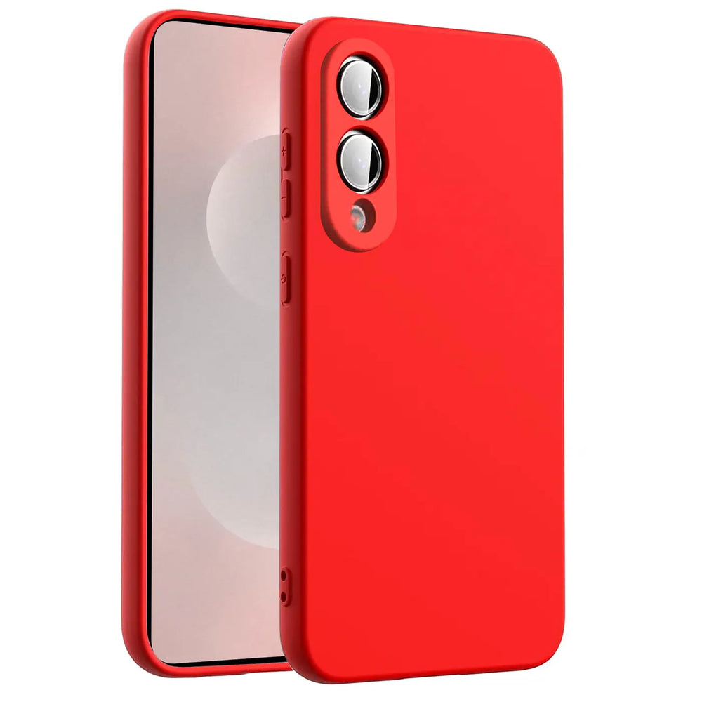 Rote Silikonhülle mit Mikrofaser-Innenfutter, Vorderansicht, für Samsung Galaxy S25 Edge.