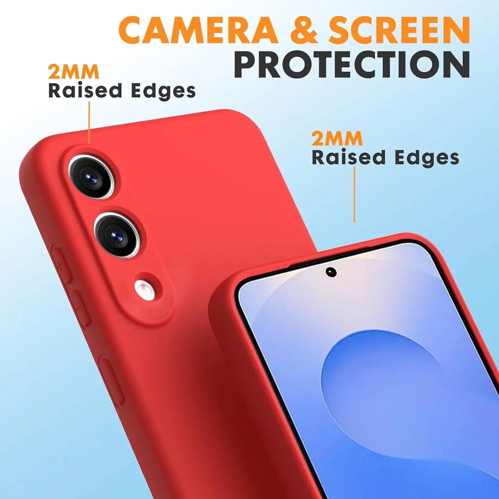 Rote Silikonhülle für Samsung S25 Edge, Nahaufnahme, Rückseite und Vorderseite.