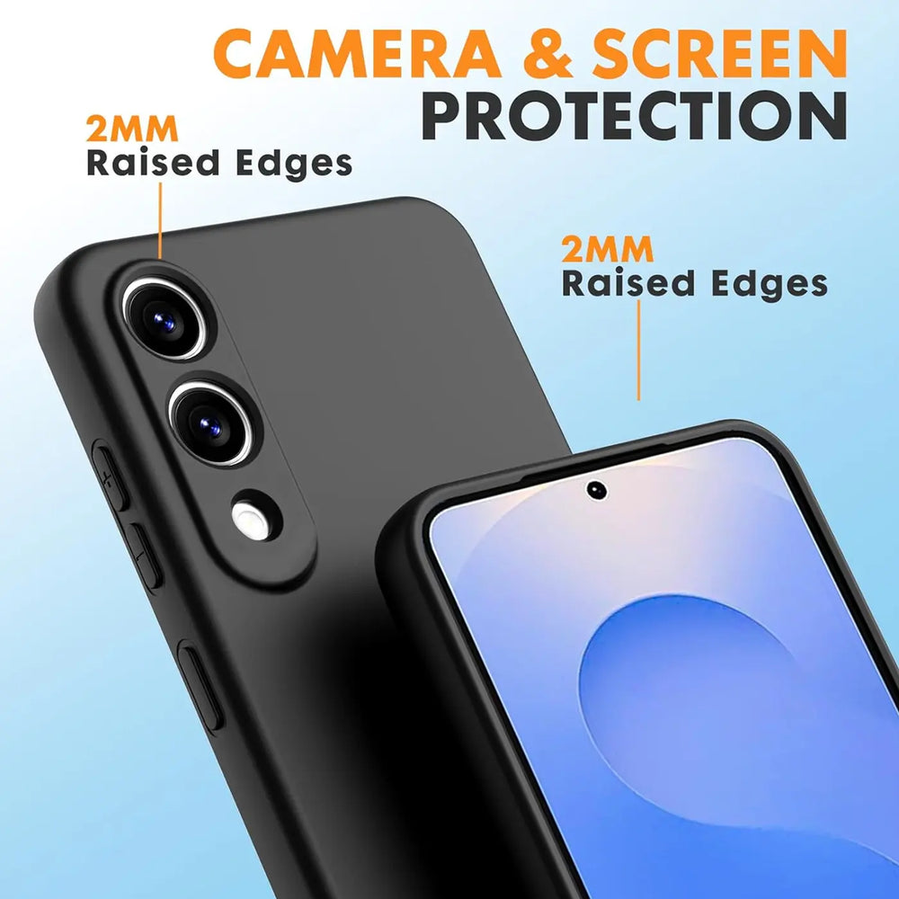 Schwarze Silikonhülle für Samsung S25 Edge, Nahaufnahme, Rückseite und Vorderseite