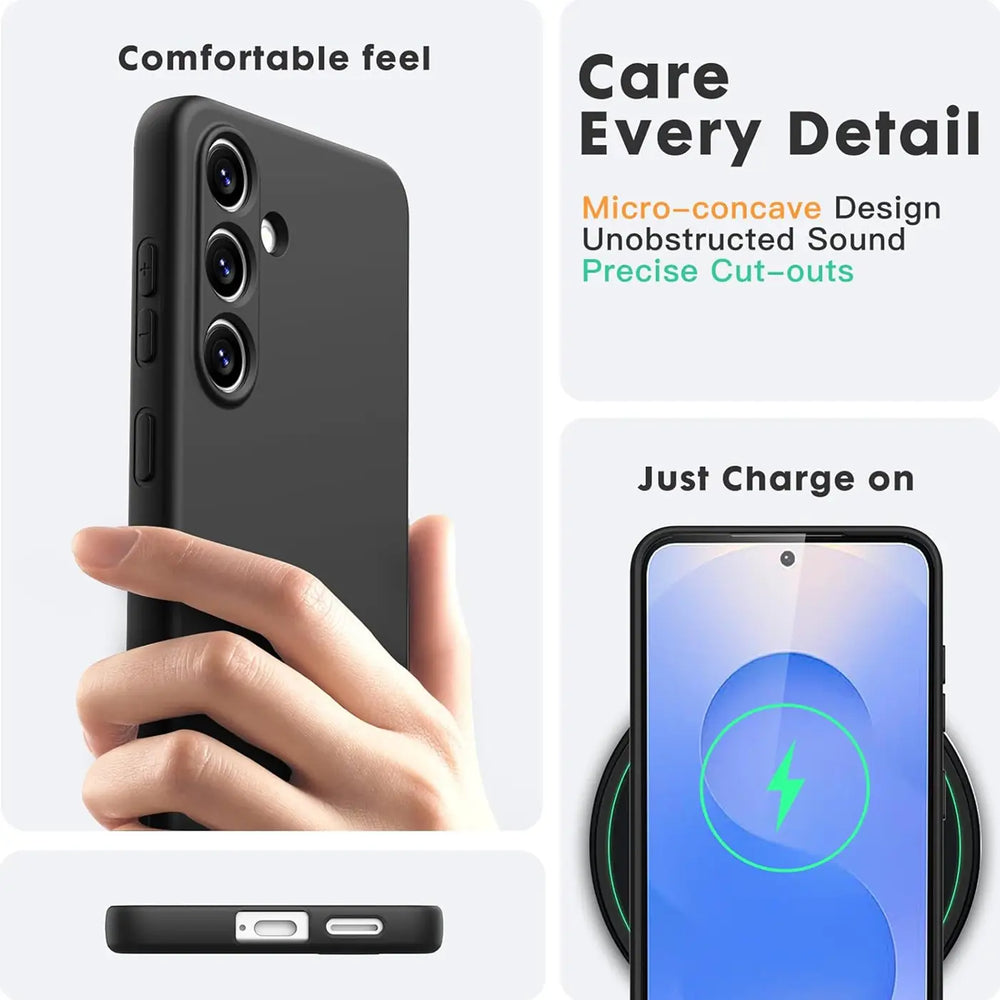 Schwarze Silikonhülle für Samsung Galaxy S25 Edge, von Hand gehalten, von unten gezeigt.