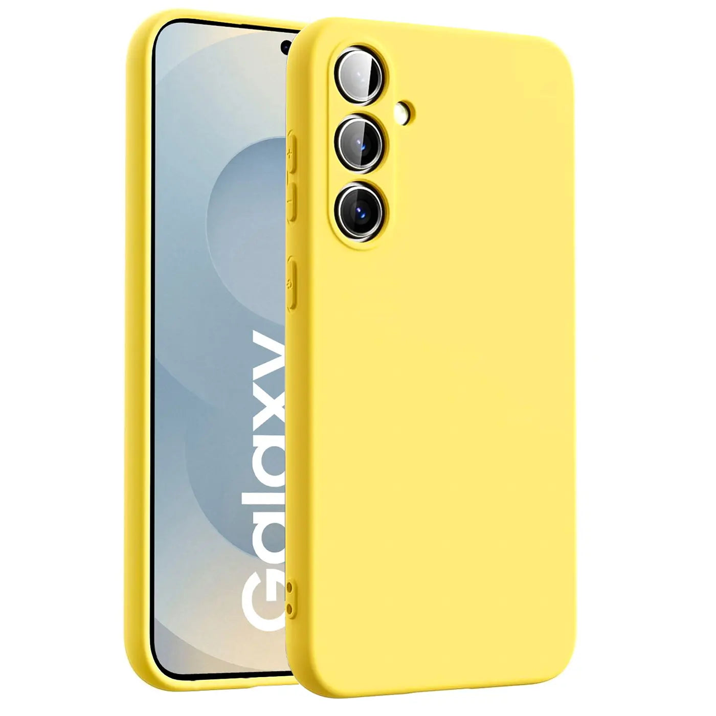 Gelbe Silikonhülle für Samsung Galaxy S25 FE, von vorne links, Mikrofaser-Innenfutter.