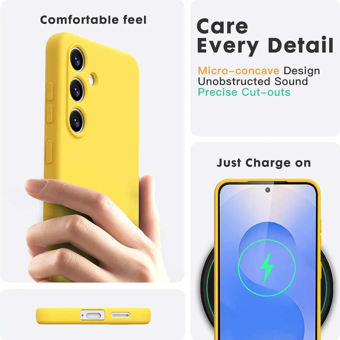 Gelbe Silikonhülle für Samsung Galaxy S25 FE, von vorne und unten gezeigt.