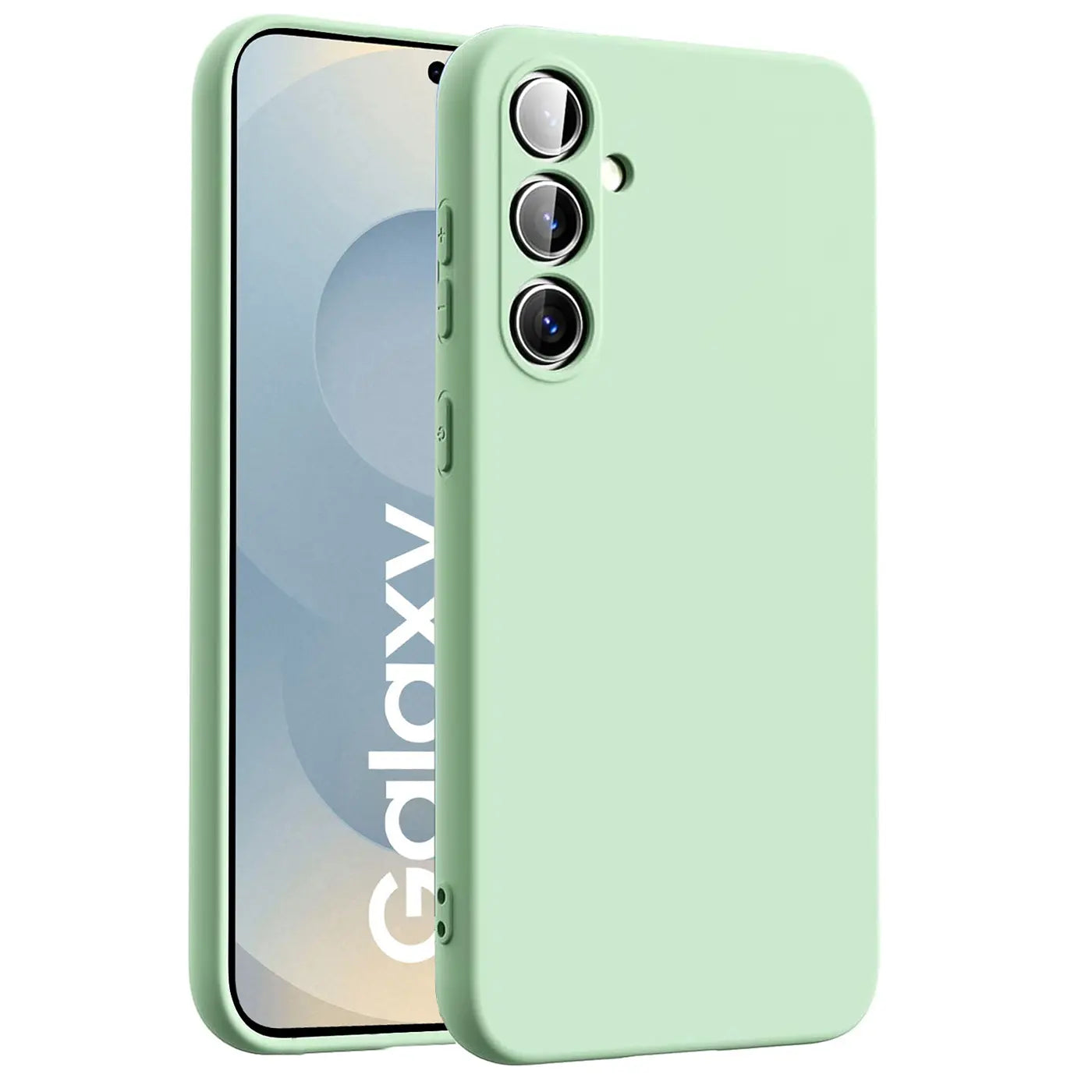 Hellgrüne Silikonhülle für Samsung Galaxy S25 FE, von vorne rechts, Mikrofaser-Innenfutter.