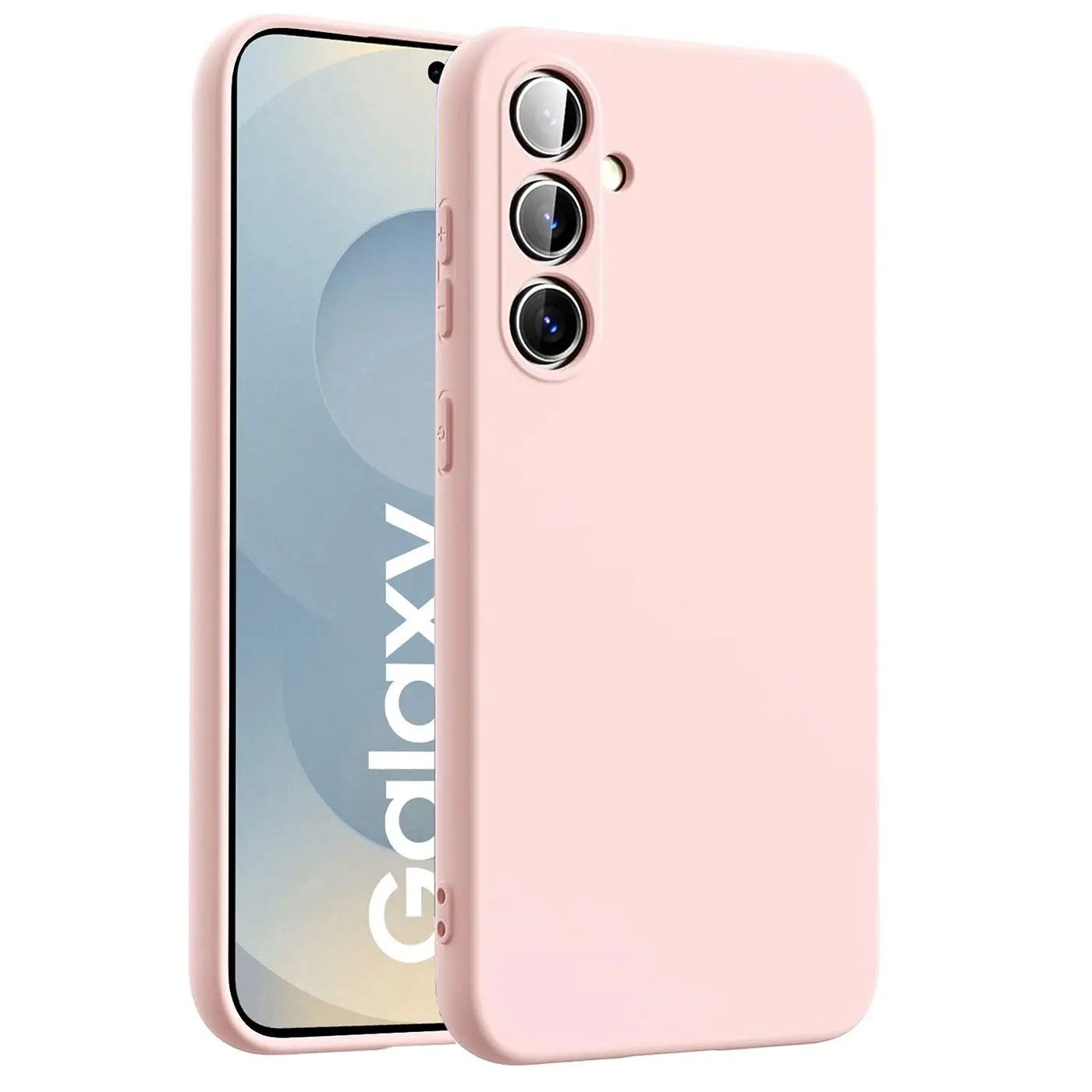 Rosa Silikonhülle für Samsung Galaxy S25 FE, von vorne links, mit Mikrofaser-Innenfutter.