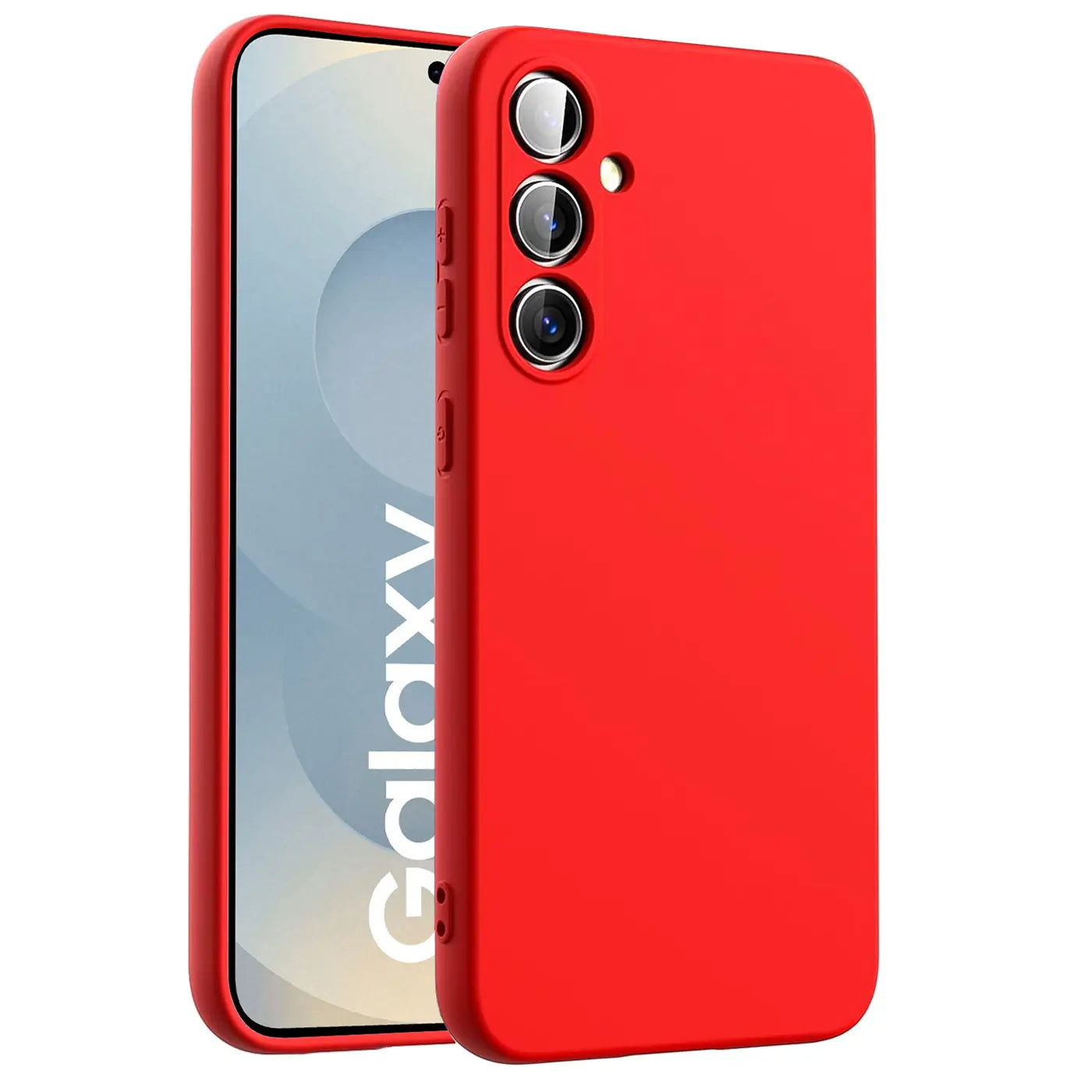 Rote Silikonhülle auf einem Samsung Galaxy S25 FE, Seitenansicht.