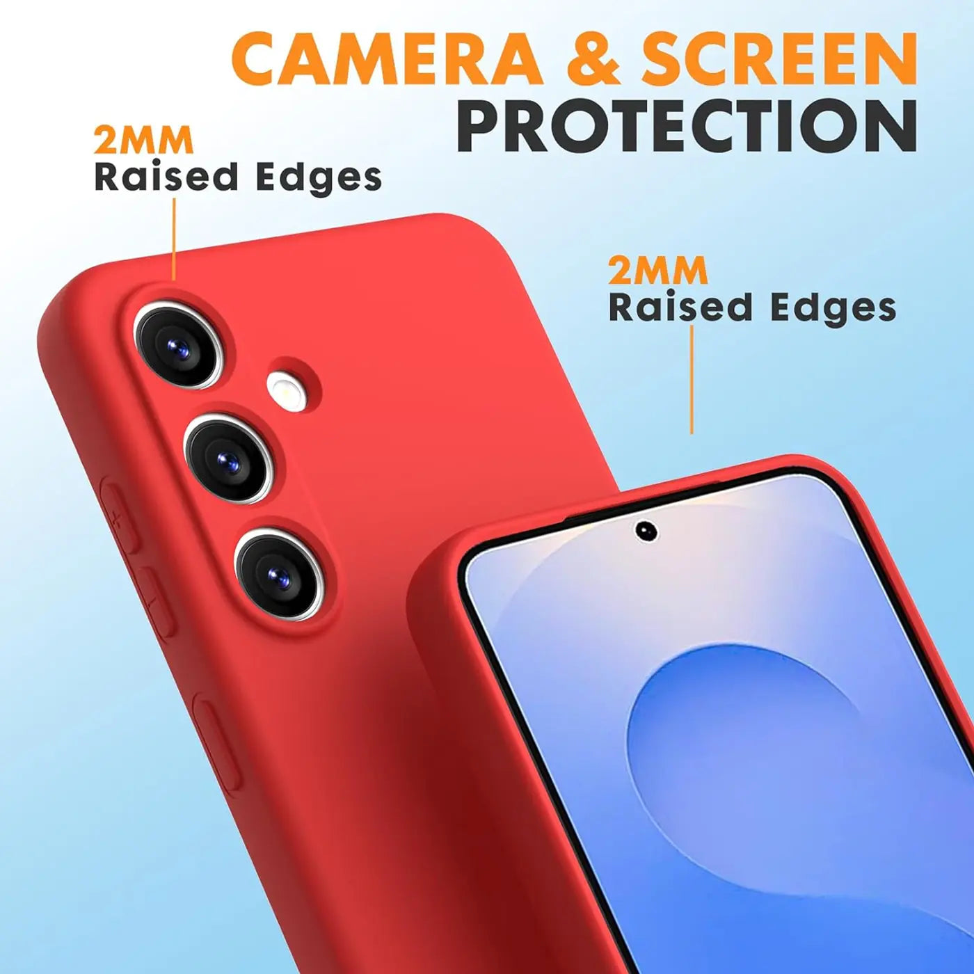 Rote Silikonhülle mit Mikrofaser, Nahaufnahme, zeigt Kamera und Bildschirm des Samsung Galaxy S25 FE.