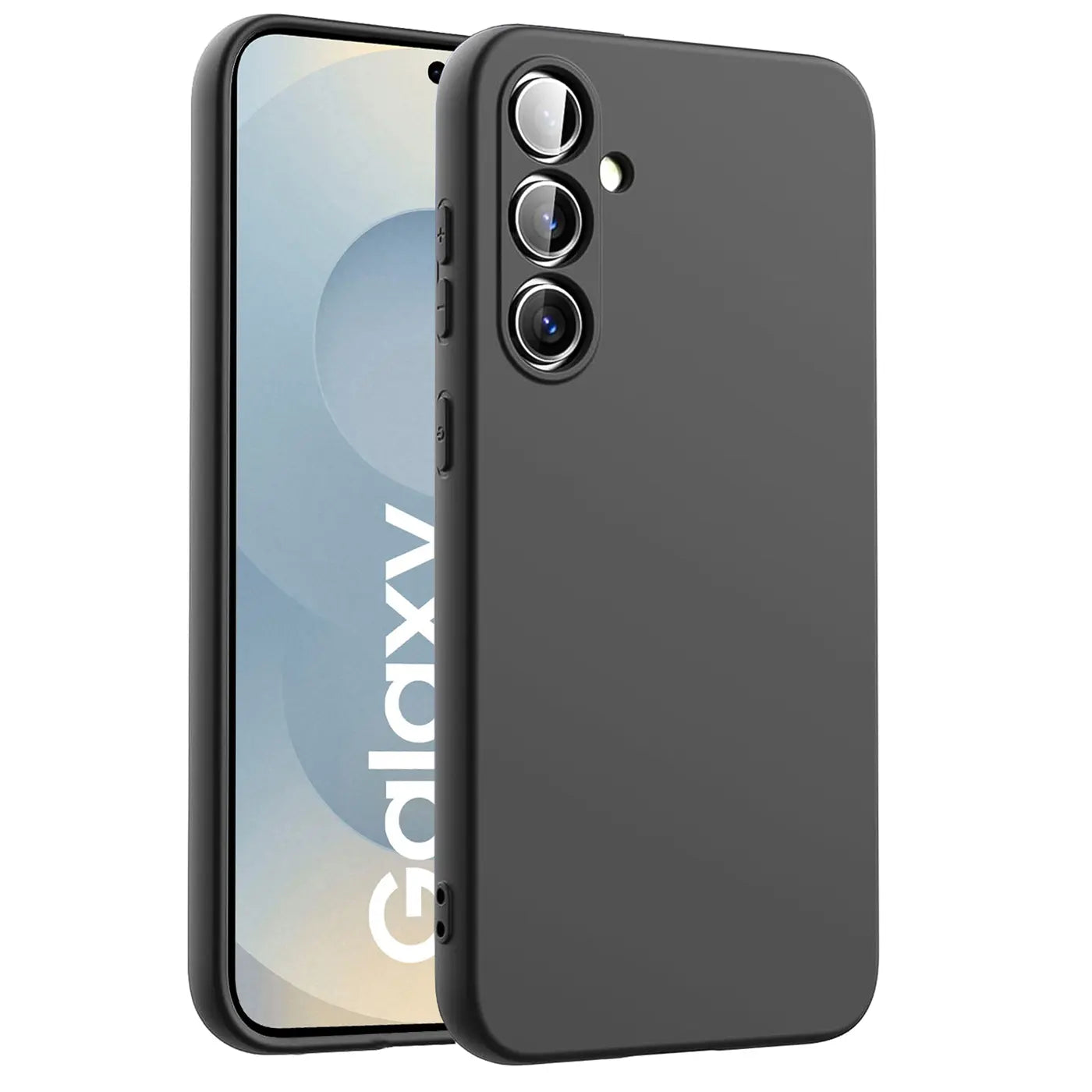 Schwarze Silikonhülle mit Mikrofaser-Innenfutter für Samsung Galaxy S25 FE, von schräg vorne gezeigt.