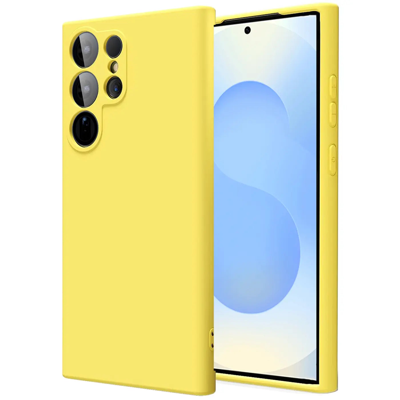 Gelbe Silikonhülle mit Mikrofaser-Innenfutter für Samsung Galaxy S25 Ultra, von vorne links gesehen.