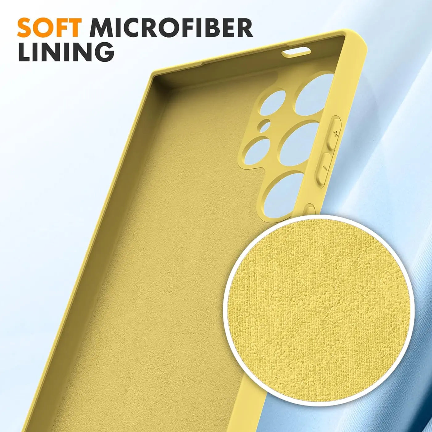 Gelbe Silikonhülle, Mikrofaserfutter, Nahaufnahme, Samsung S25 Ultra.