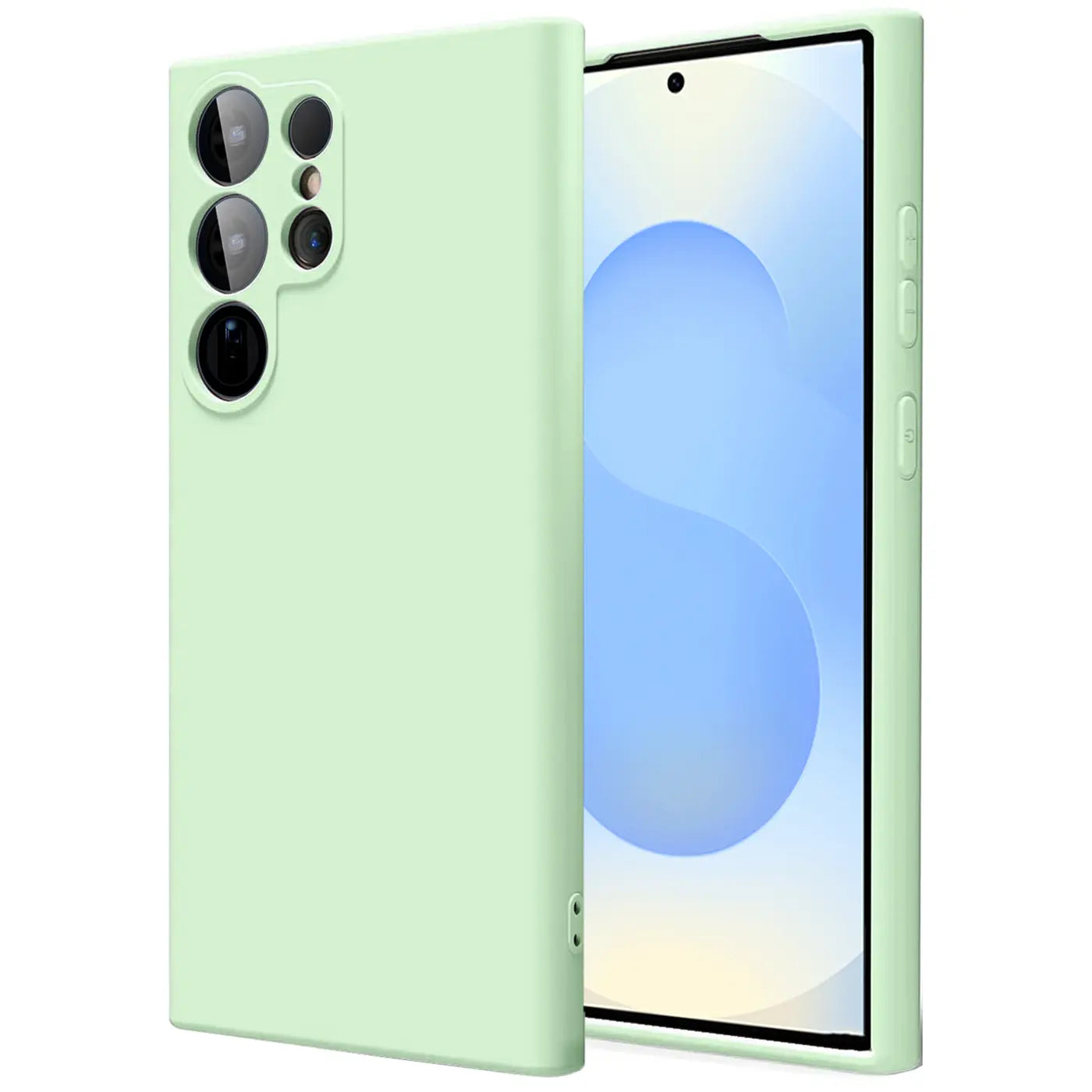 Helle grüne Silikonhülle mit Mikrofaserfutter, seitliche Ansicht, zeigt Samsung Galaxy S25 Ultra