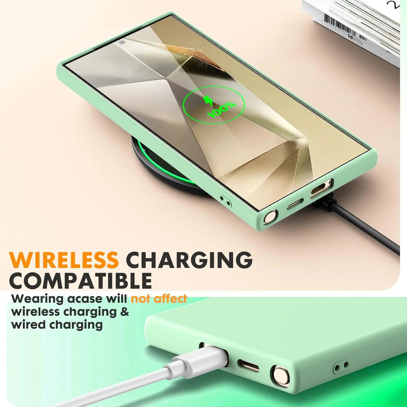 Mintgrüne Silikonhülle für Samsung S25 Ultra, von oben, mit Kabel und kabelloser Ladung.