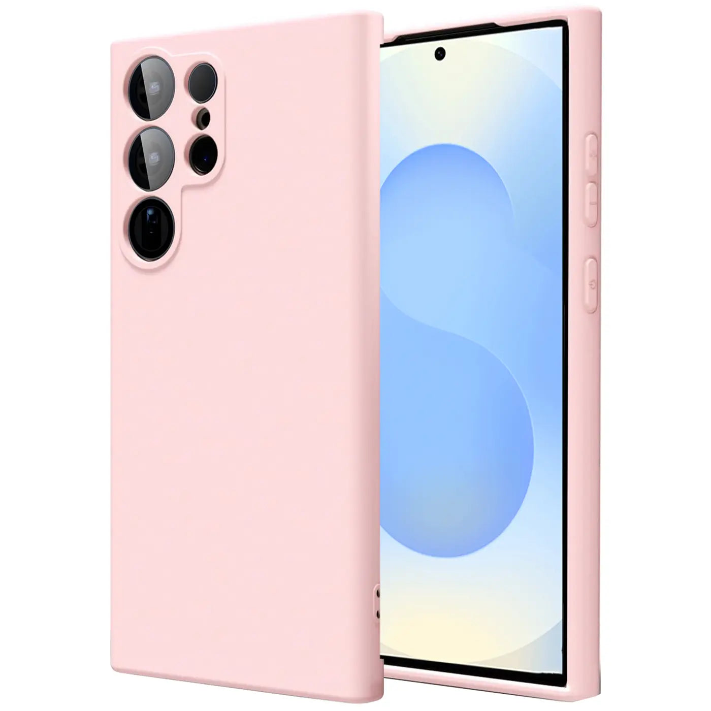 Rosa Silikonhülle für Samsung Galaxy S25 Ultra, von vorne rechts, mit Mikrofaser-Innenfutter.