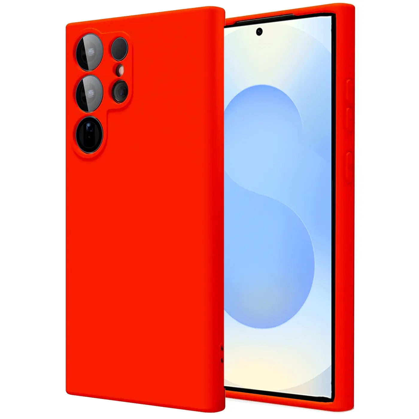 Rote Silikonhülle für Samsung Galaxy S25 Ultra, von schräg vorne, mit Mikrofaser-Innenfutter.