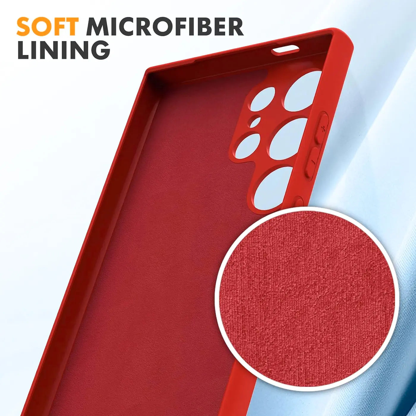 Rote Silikonhülle, Innenansicht, Ausschnitt zeigt Mikrofaser, für Samsung S25 Ultra