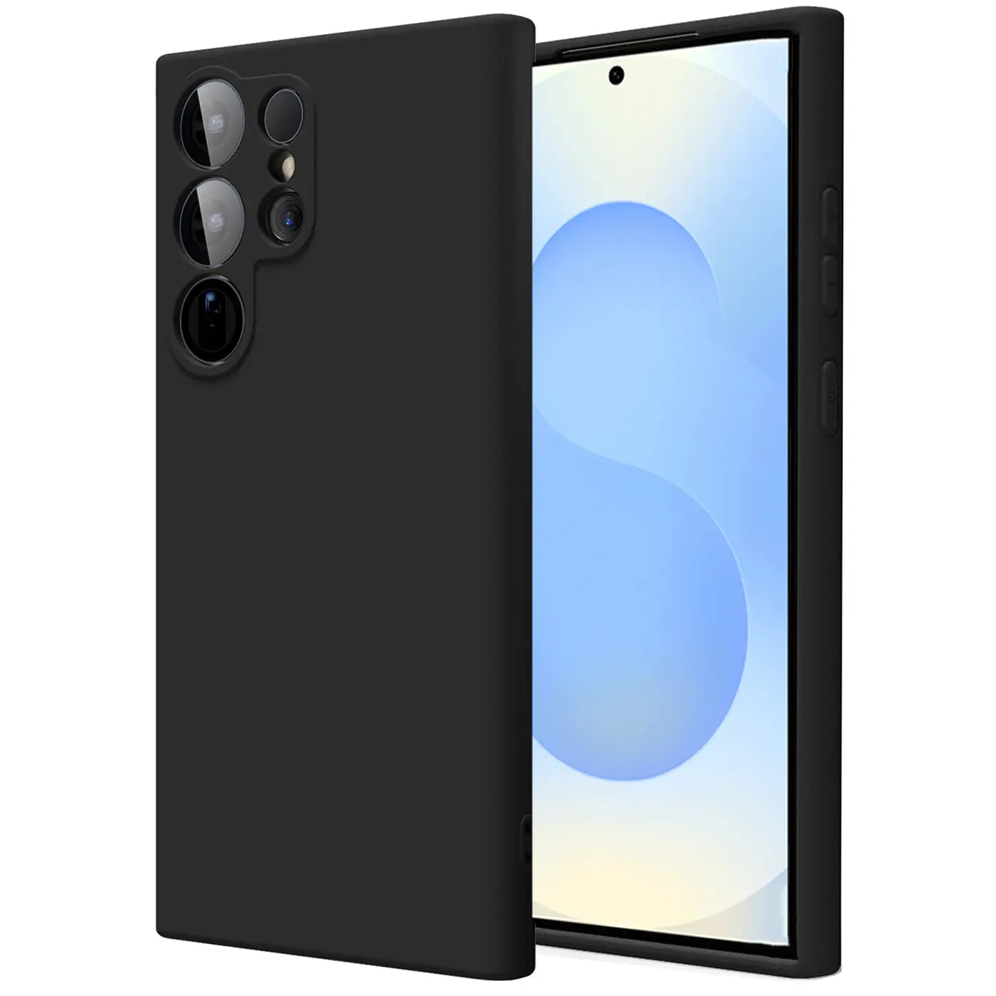 Schwarze Silikonhülle mit Mikrofaserfutter für Samsung Galaxy S25 Ultra, Seitenansicht.